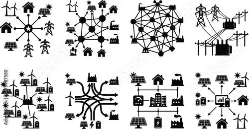 Smart Grid and Renewable Energy Network Silhouette Icon Collection with Power Distribution Systems