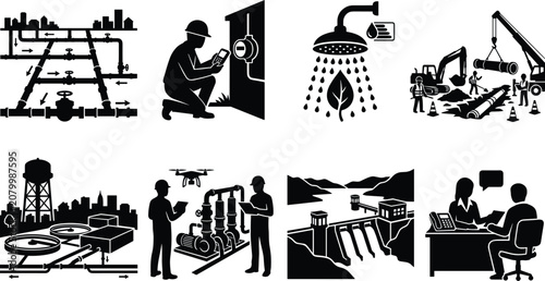 Water Supply and Utility Infrastructure Silhouette Icons Set with Pipeline Maintenance and Treatment Systems