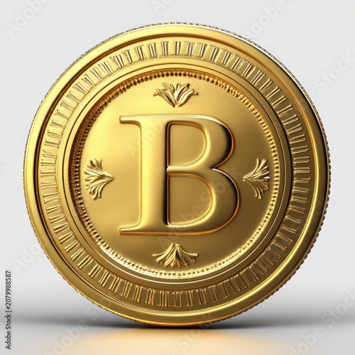 ornate shiny gold coin embossed with the letter b on a neutral background conveying luxury and value