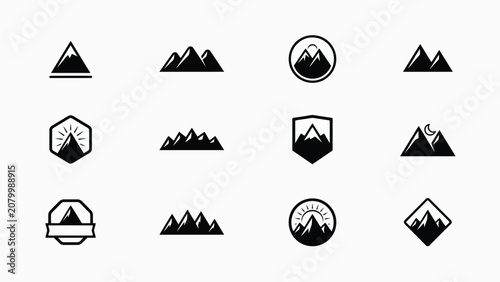 Modern mountain themed icons showcase diverse geometric shapes for adventure branding