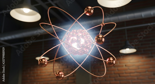 A glowing copper atom chandelier hangs from a dark industrial ceiling with exposed pipes and lights in a modern warehouse setting with brick walls.