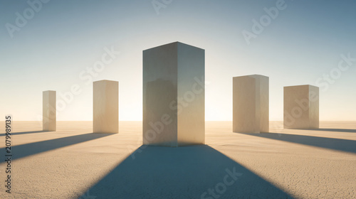 masterpiece floating monoliths hovering above a pristine white desert, monumental geometric blocks casting long soft shadows, warm golden sunrise, endless horizon