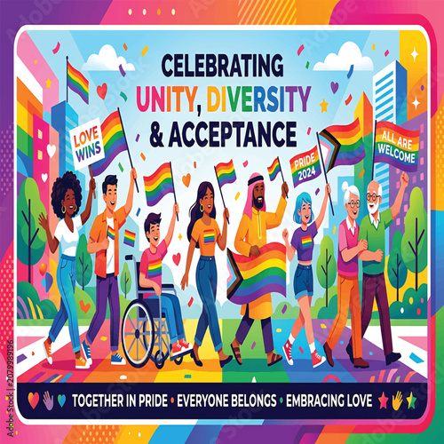 Group of diverse people celebrating unity and acceptance with colorful banners and confetti in vibrant illustration style