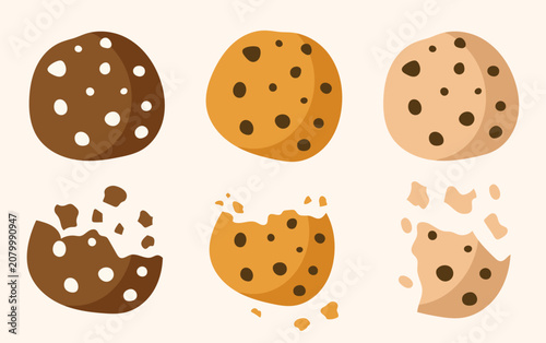 Sweet Chocolate Chip Cookies Whole and Bitten with Crumbs Set