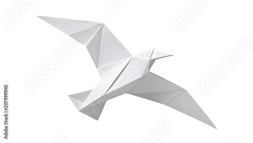 Origami Seagull Paper Sculpture in Mid-Flight Pose on Transparent Background