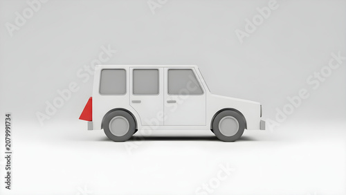 A white car with a red triangle on the back is stationary on a plain surface in a neutral environment.