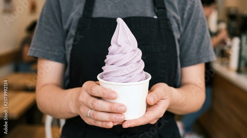 Person holding a freshly served swirl of lavender soft serve ice cream in a white cup