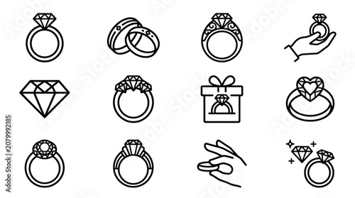 Wedding Ring and Jewelry Line Icon Set