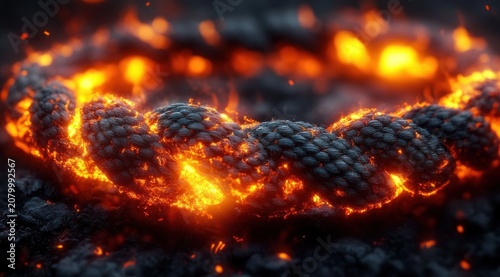 charred braided rope ring glowing with molten lava and embers, intense fiery heat and dramatic molten texture