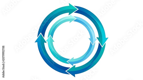 Circular blue arrows process graphic with circular rotation gradient direction movement
