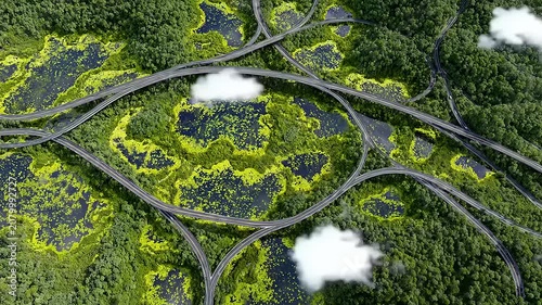 Aerial vista showcasing interwoven highways merging into a verdant landscape, a blend of nature and urban connectivity