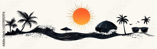 stylized tropical beach with orange sun, flowing black waves, palm tree silhouettes, beach umbrella, sunglasses on sand, seagulls and playful surf conveying a relaxed summer vibe