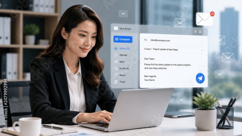 Businesswoman composing email on laptop in modern office
