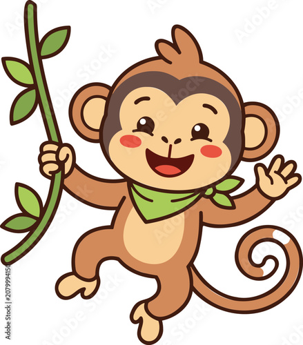 Photography Cute happy monkey vector illustration swinging on green jungle vine and waving h