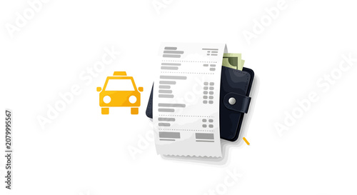 Taxi fare receipt and wallet with cash representing transportation expenses and travel costs.