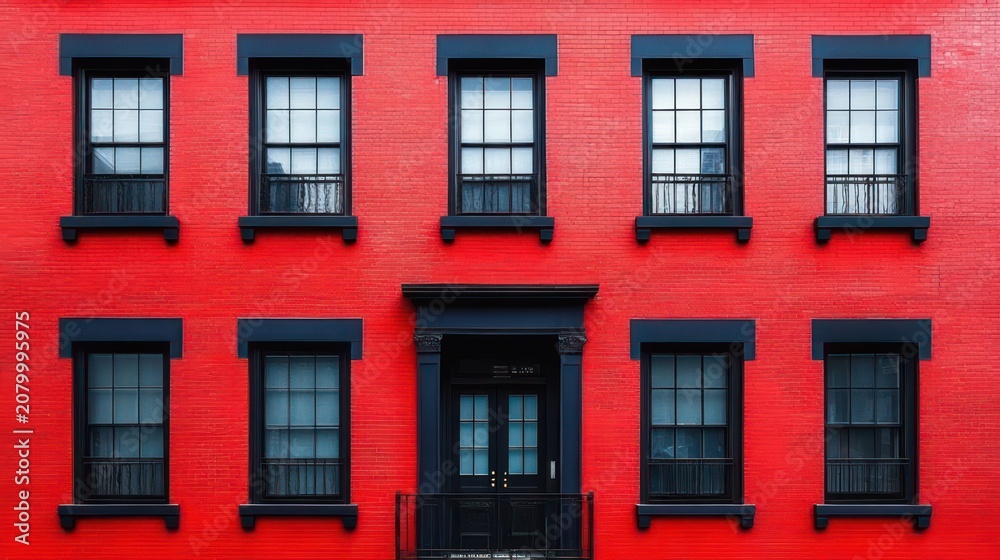 Obraz premium Symmetrical red brick building facade with ten black-trimmed windows and central black door with small balcony, bold contrast and orderly urban geometry
