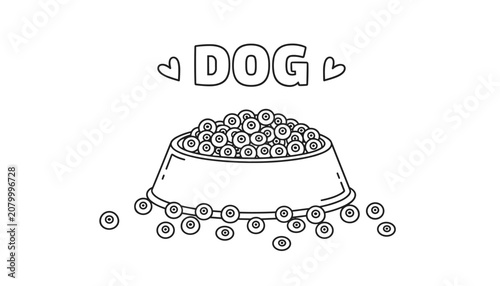 Cute cartoon outline drawing of a dog food bowl filled with crunchy kibble pellets accompanied by two small decorative hearts above.