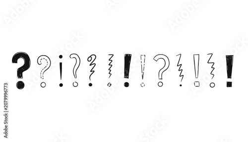 Collection of various hand-drawn question marks and exclamation points showing different styles and line weights on white background.
