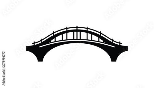 Minimalist black silhouette icon of an arched bridge with decorative railings isolated on a clean white background for design use.