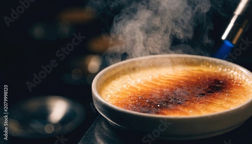 A gourmet creme brulee dessert being caramelized with a kitchen blowtorch to create a perfect crunchy sugar crust in a dimly lit restaurant