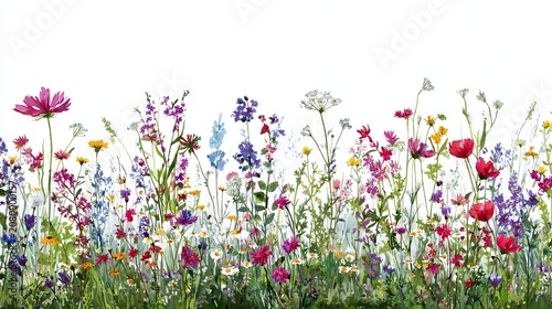 Colorful wild flowers blooming in a meadow captured in a beautiful artistic digital illustration with a clean white isolated background