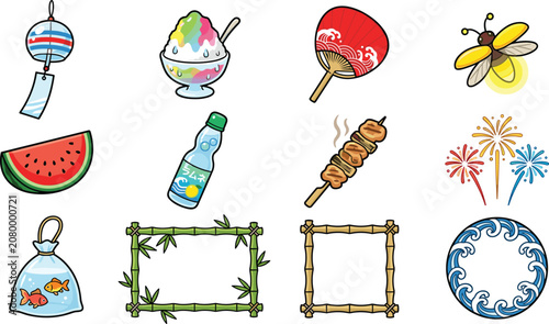 Foto Japanese Summer Festival Culture Icon Vector Set with Kakigori Shaved Ice Ramune