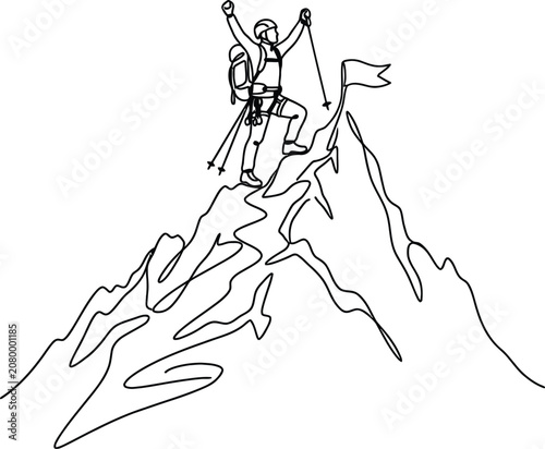 Mountaineer Reaching Summit Line Art Illustration On White Background