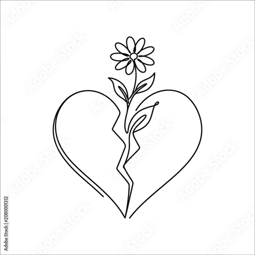 Broken heart outline with growing flower black and white line art