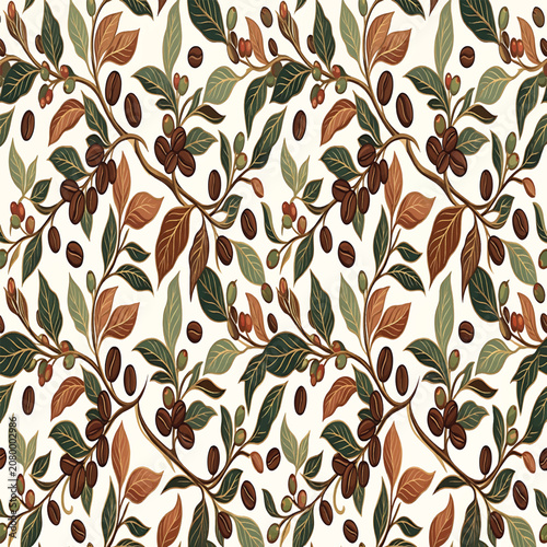 Seamless Coffee Bean Vector Pattern with Autumn Leaves and Berries in Flat Design