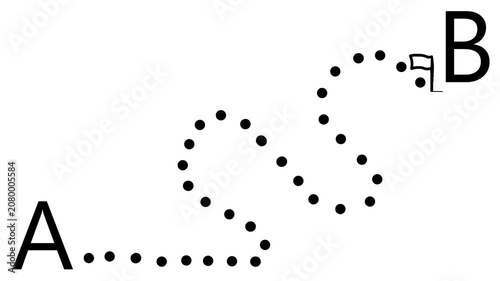 A schematic representation of a path from point A to point B. A character or object moves along a winding path to the finish line. A flag is placed at the end to indicate the goal has been achieved.