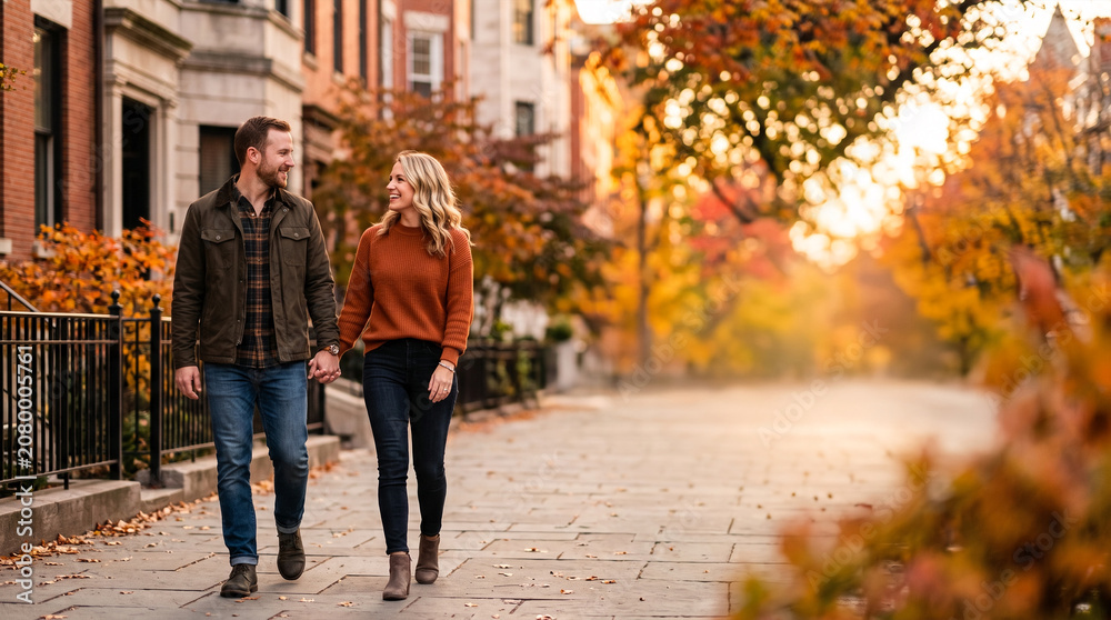 Obraz premium Couple holding hands walking urban street during beautiful autumn season