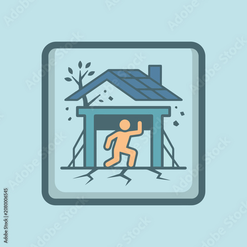 A person seeks shelter under a doorway during an earthquake