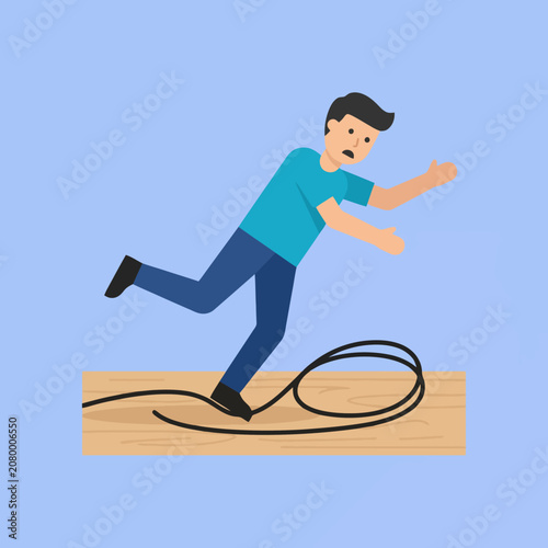A cartoon man trips over a black cable on the floor