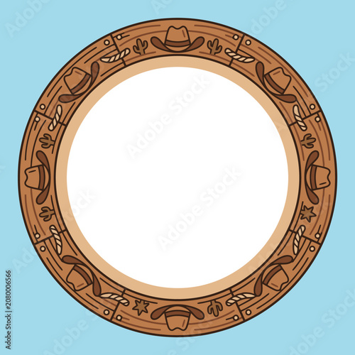 A circular wooden frame with western cowboy icons