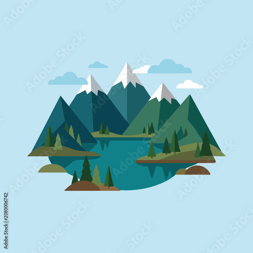 Flat vector illustration of snowy mountains and a lake