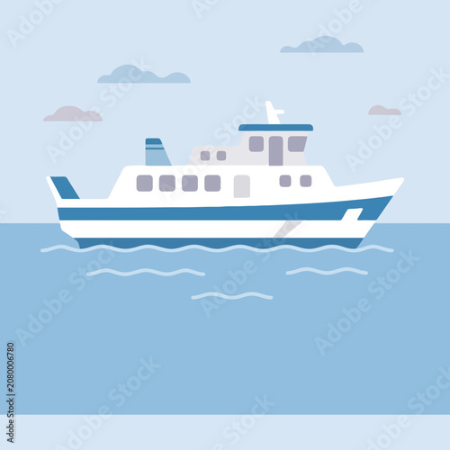 A white and blue ferry boat sails on calm water