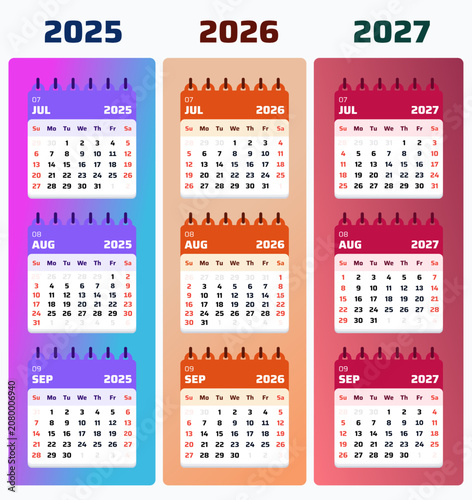 Fotografía Quarterly calendar template presenting July, August, and September across 2026 and 2027 in colorful layouts