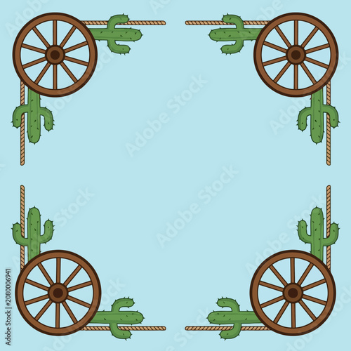 Western frame with wagon wheels and cactus