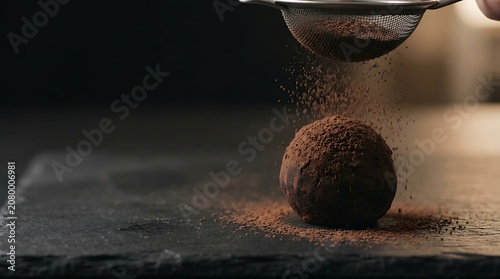 Sifting cocoa powder onto a chocolate truffle on dark stone