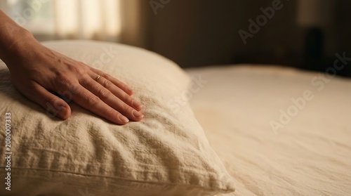 Hand touching a soft linen pillow on a bed in a cozy bedroom