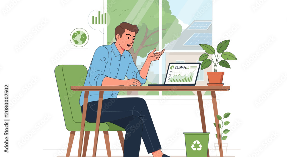 Obraz premium Man works on laptop at desk, green office, sustainability concept