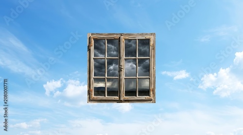 Surreal wooden window floating in blue sky showing a storm
