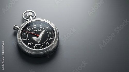 Silver stopwatch with checkmark symbol for time management concept