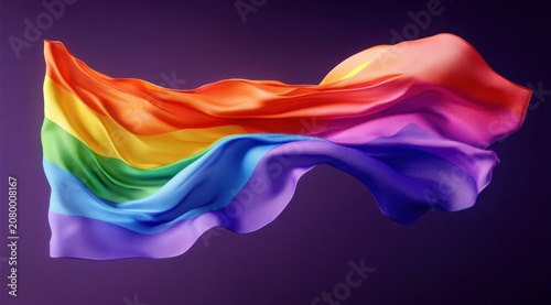 Flowing multicolored rainbow fabric flag waving against a deep purple background, silky folds and vibrant motion conveying celebration and freedom