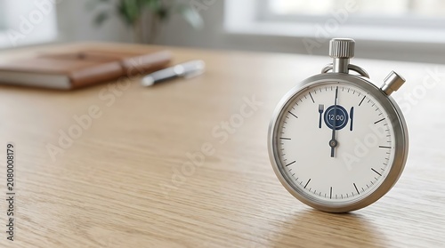 Silver stopwatch with meal icon on wooden office desk