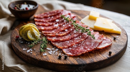 Rustic round wooden board with thinly sliced cured salami, sliced cheese, green pickles, fresh thyme sprigs, coarse salt and peppercorns on a linen cloth, cozy appetizing scene