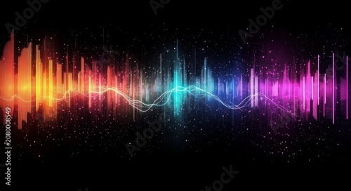 vibrant multicolor audio waveform bars and glowing sine wave over black background with sparkling particles, dynamic light and energetic futuristic rhythm