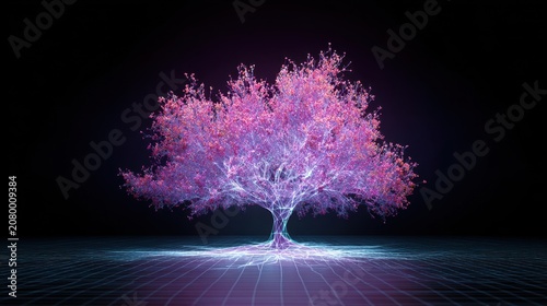Digital representation of a vibrant pink tree with glowing roots against a dark background in a futuristic setting