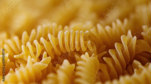 macro close-up of uncooked spiral pasta pieces in warm golden light, textured dry fusilli filling the frame, evoking cozy comfort and appetite