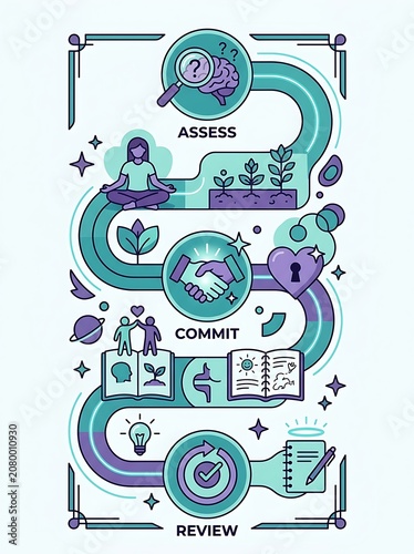 Process flow diagram with assess commit and review stages